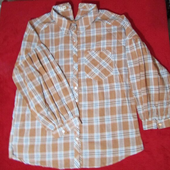 POL Balloon Sleeve Top - Button Front - Orange Plaid - Cotton - Picture 1 of 8